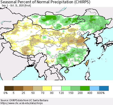 China, Mongolia and Taiwan Seasonal Percent of Normal Precipitation (CHIRPS) Thematic Map For 9/1/2020 - 10/31/2020