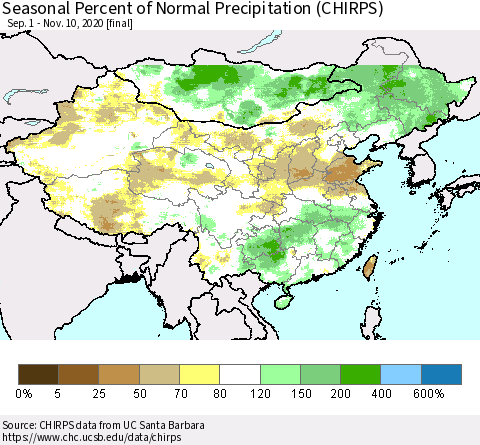 China, Mongolia and Taiwan Seasonal Percent of Normal Precipitation (CHIRPS) Thematic Map For 9/1/2020 - 11/10/2020