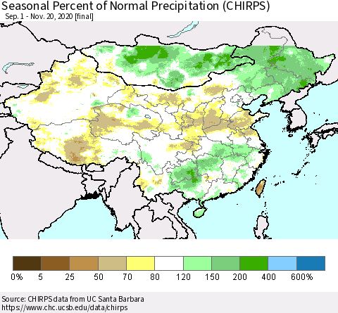 China, Mongolia and Taiwan Seasonal Percent of Normal Precipitation (CHIRPS) Thematic Map For 9/1/2020 - 11/20/2020