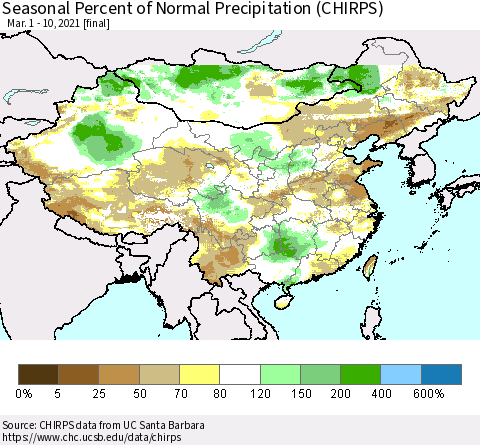 China, Mongolia and Taiwan Seasonal Percent of Normal Precipitation (CHIRPS) Thematic Map For 3/1/2021 - 3/10/2021