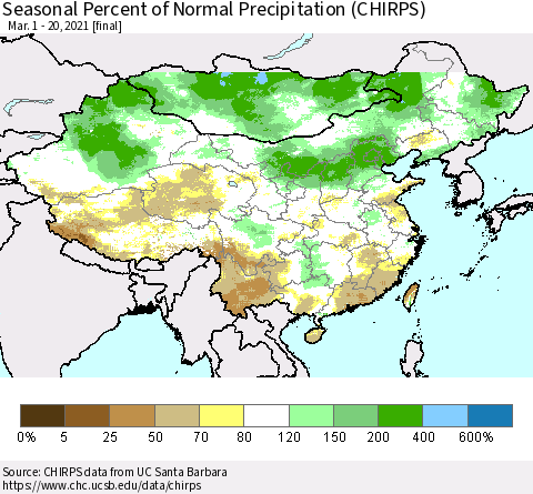China, Mongolia and Taiwan Seasonal Percent of Normal Precipitation (CHIRPS) Thematic Map For 3/1/2021 - 3/20/2021