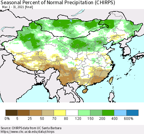 China, Mongolia and Taiwan Seasonal Percent of Normal Precipitation (CHIRPS) Thematic Map For 3/1/2021 - 3/31/2021