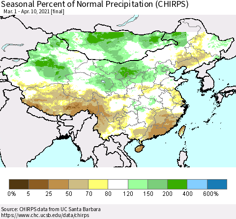 China, Mongolia and Taiwan Seasonal Percent of Normal Precipitation (CHIRPS) Thematic Map For 3/1/2021 - 4/10/2021