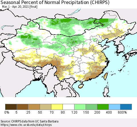 China, Mongolia and Taiwan Seasonal Percent of Normal Precipitation (CHIRPS) Thematic Map For 3/1/2021 - 4/20/2021