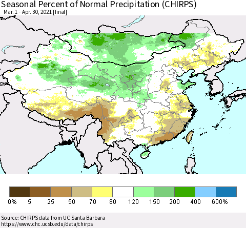 China, Mongolia and Taiwan Seasonal Percent of Normal Precipitation (CHIRPS) Thematic Map For 3/1/2021 - 4/30/2021