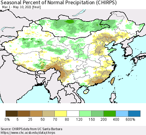China, Mongolia and Taiwan Seasonal Percent of Normal Precipitation (CHIRPS) Thematic Map For 3/1/2021 - 5/10/2021