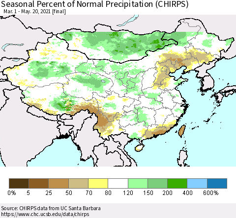 China, Mongolia and Taiwan Seasonal Percent of Normal Precipitation (CHIRPS) Thematic Map For 3/1/2021 - 5/20/2021