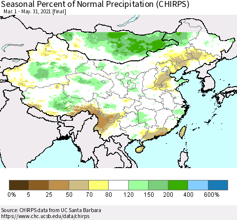 China, Mongolia and Taiwan Seasonal Percent of Normal Precipitation (CHIRPS) Thematic Map For 3/1/2021 - 5/31/2021