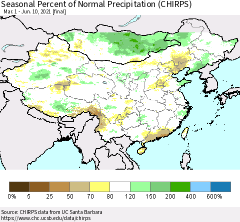China, Mongolia and Taiwan Seasonal Percent of Normal Precipitation (CHIRPS) Thematic Map For 3/1/2021 - 6/10/2021