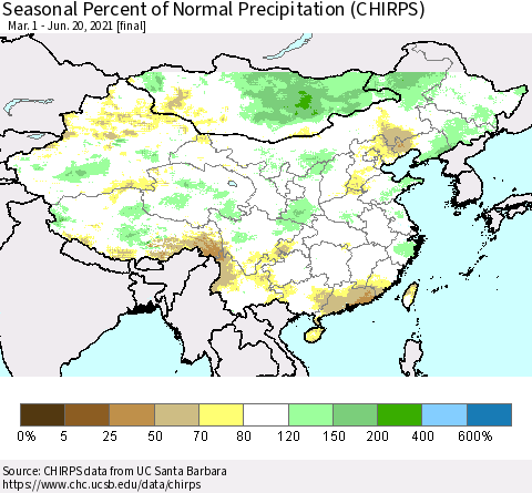 China, Mongolia and Taiwan Seasonal Percent of Normal Precipitation (CHIRPS) Thematic Map For 3/1/2021 - 6/20/2021