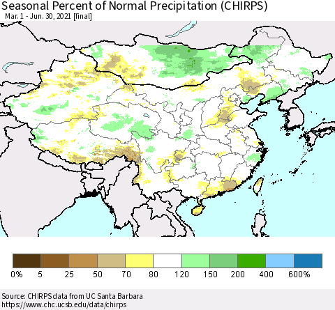 China, Mongolia and Taiwan Seasonal Percent of Normal Precipitation (CHIRPS) Thematic Map For 3/1/2021 - 6/30/2021