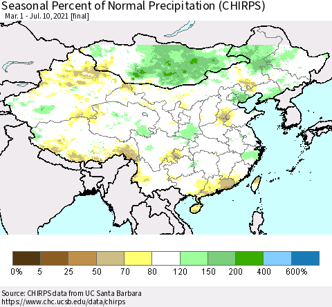 China, Mongolia and Taiwan Seasonal Percent of Normal Precipitation (CHIRPS) Thematic Map For 3/1/2021 - 7/10/2021