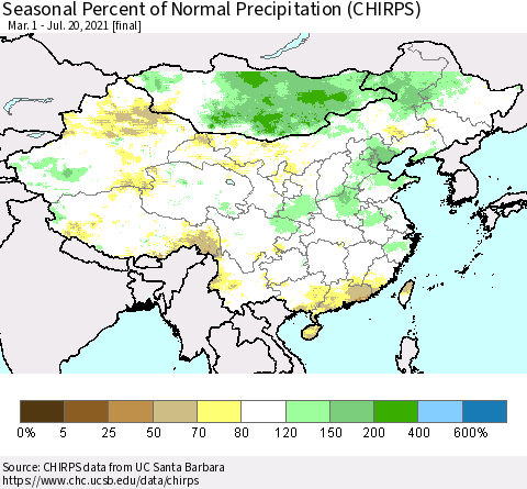 China, Mongolia and Taiwan Seasonal Percent of Normal Precipitation (CHIRPS) Thematic Map For 3/1/2021 - 7/20/2021