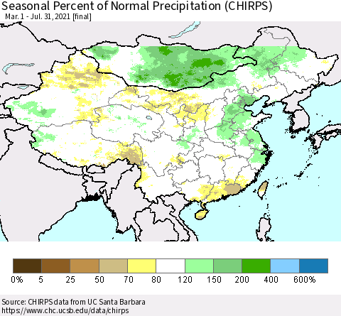 China, Mongolia and Taiwan Seasonal Percent of Normal Precipitation (CHIRPS) Thematic Map For 3/1/2021 - 7/31/2021