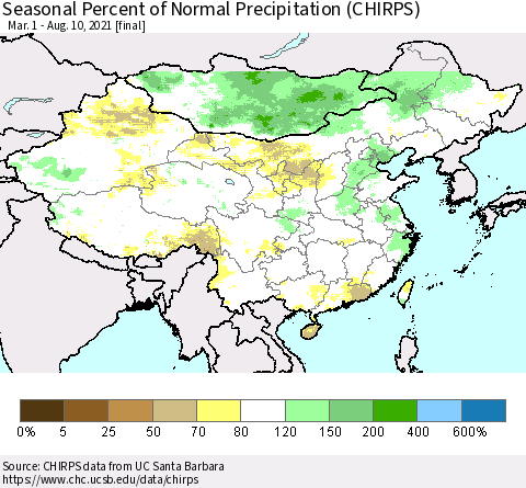China, Mongolia and Taiwan Seasonal Percent of Normal Precipitation (CHIRPS) Thematic Map For 3/1/2021 - 8/10/2021