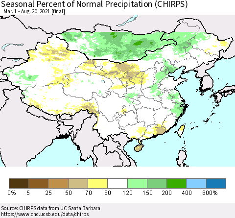 China, Mongolia and Taiwan Seasonal Percent of Normal Precipitation (CHIRPS) Thematic Map For 3/1/2021 - 8/20/2021