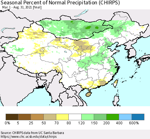 China, Mongolia and Taiwan Seasonal Percent of Normal Precipitation (CHIRPS) Thematic Map For 3/1/2021 - 8/31/2021