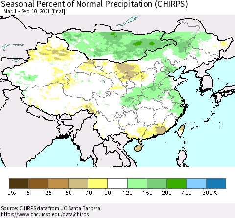 China, Mongolia and Taiwan Seasonal Percent of Normal Precipitation (CHIRPS) Thematic Map For 3/1/2021 - 9/10/2021