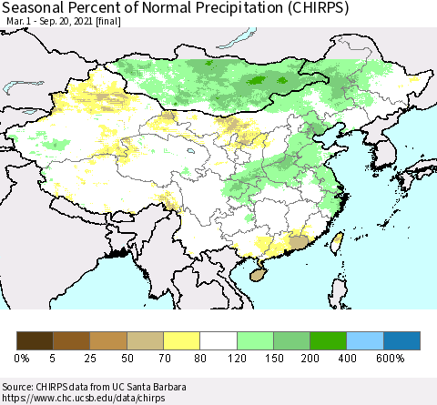 China, Mongolia and Taiwan Seasonal Percent of Normal Precipitation (CHIRPS) Thematic Map For 3/1/2021 - 9/20/2021
