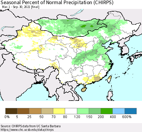 China, Mongolia and Taiwan Seasonal Percent of Normal Precipitation (CHIRPS) Thematic Map For 3/1/2021 - 9/30/2021