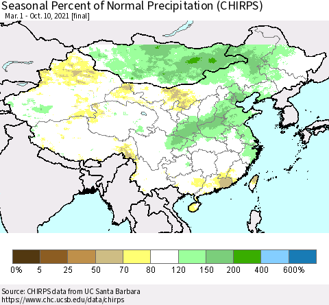 China, Mongolia and Taiwan Seasonal Percent of Normal Precipitation (CHIRPS) Thematic Map For 3/1/2021 - 10/10/2021