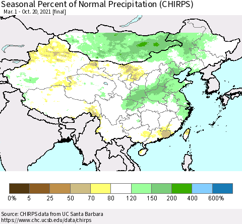 China, Mongolia and Taiwan Seasonal Percent of Normal Precipitation (CHIRPS) Thematic Map For 3/1/2021 - 10/20/2021