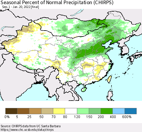 China, Mongolia and Taiwan Seasonal Percent of Normal Precipitation (CHIRPS) Thematic Map For 9/1/2021 - 1/20/2022