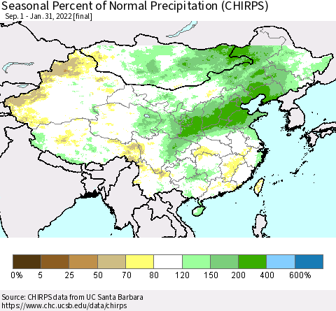 China, Mongolia and Taiwan Seasonal Percent of Normal Precipitation (CHIRPS) Thematic Map For 9/1/2021 - 1/31/2022