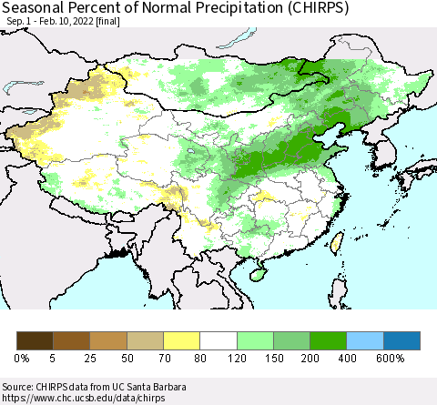 China, Mongolia and Taiwan Seasonal Percent of Normal Precipitation (CHIRPS) Thematic Map For 9/1/2021 - 2/10/2022