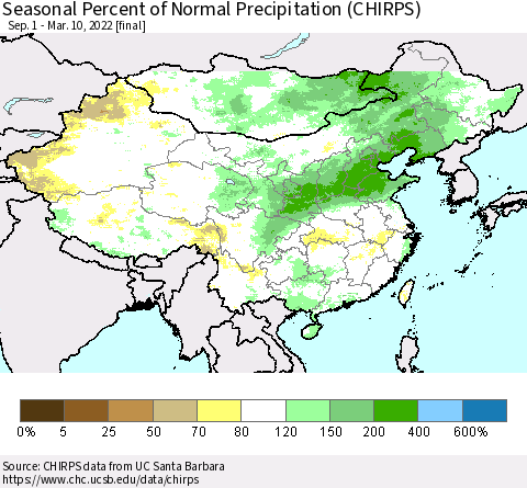 China, Mongolia and Taiwan Seasonal Percent of Normal Precipitation (CHIRPS) Thematic Map For 9/1/2021 - 3/10/2022