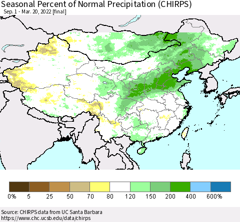 China, Mongolia and Taiwan Seasonal Percent of Normal Precipitation (CHIRPS) Thematic Map For 9/1/2021 - 3/20/2022