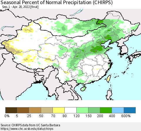China, Mongolia and Taiwan Seasonal Percent of Normal Precipitation (CHIRPS) Thematic Map For 9/1/2021 - 4/20/2022