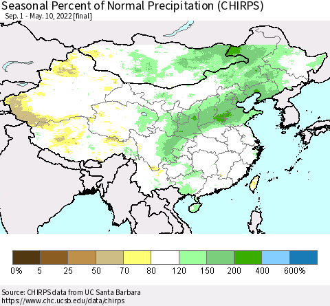 China, Mongolia and Taiwan Seasonal Percent of Normal Precipitation (CHIRPS) Thematic Map For 9/1/2021 - 5/10/2022