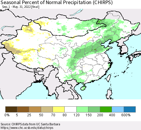 China, Mongolia and Taiwan Seasonal Percent of Normal Precipitation (CHIRPS) Thematic Map For 9/1/2021 - 5/31/2022