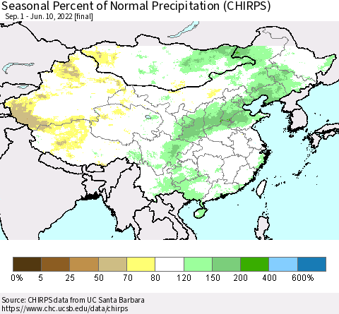 China, Mongolia and Taiwan Seasonal Percent of Normal Precipitation (CHIRPS) Thematic Map For 9/1/2021 - 6/10/2022