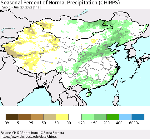 China, Mongolia and Taiwan Seasonal Percent of Normal Precipitation (CHIRPS) Thematic Map For 9/1/2021 - 6/20/2022