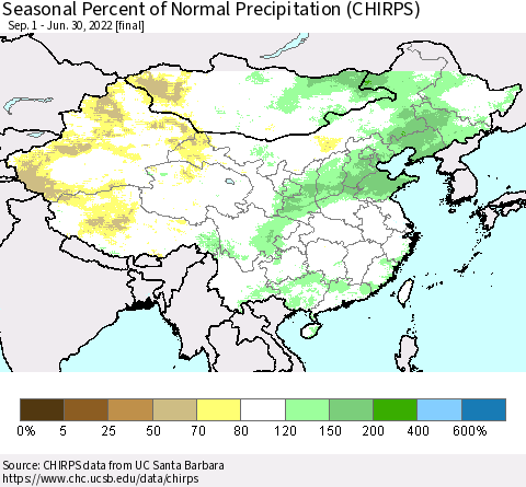 China, Mongolia and Taiwan Seasonal Percent of Normal Precipitation (CHIRPS) Thematic Map For 9/1/2021 - 6/30/2022