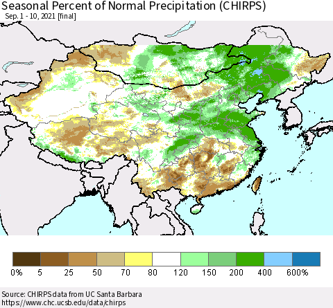China, Mongolia and Taiwan Seasonal Percent of Normal Precipitation (CHIRPS) Thematic Map For 9/1/2021 - 9/10/2021
