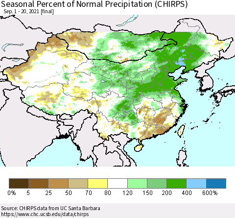 China, Mongolia and Taiwan Seasonal Percent of Normal Precipitation (CHIRPS) Thematic Map For 9/1/2021 - 9/20/2021