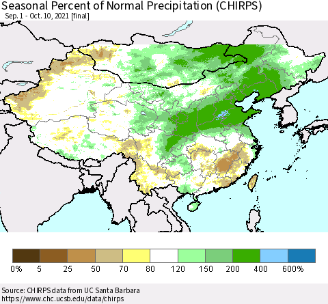 China, Mongolia and Taiwan Seasonal Percent of Normal Precipitation (CHIRPS) Thematic Map For 9/1/2021 - 10/10/2021