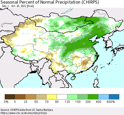 China, Mongolia and Taiwan Seasonal Percent of Normal Precipitation (CHIRPS) Thematic Map For 9/1/2021 - 10/20/2021