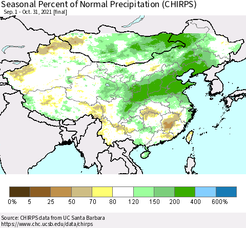 China, Mongolia and Taiwan Seasonal Percent of Normal Precipitation (CHIRPS) Thematic Map For 9/1/2021 - 10/31/2021