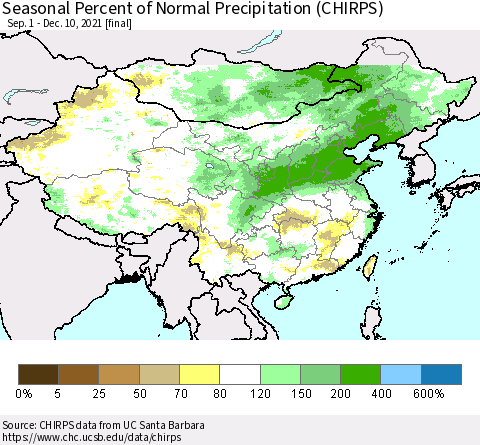 China, Mongolia and Taiwan Seasonal Percent of Normal Precipitation (CHIRPS) Thematic Map For 9/1/2021 - 12/10/2021