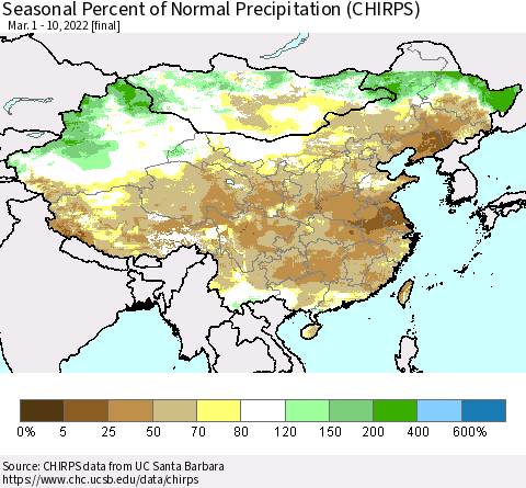 China, Mongolia and Taiwan Seasonal Percent of Normal Precipitation (CHIRPS) Thematic Map For 3/1/2022 - 3/10/2022
