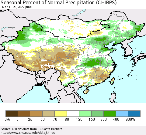 China, Mongolia and Taiwan Seasonal Percent of Normal Precipitation (CHIRPS) Thematic Map For 3/1/2022 - 3/20/2022