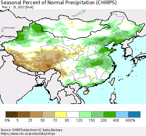 China, Mongolia and Taiwan Seasonal Percent of Normal Precipitation (CHIRPS) Thematic Map For 3/1/2022 - 3/31/2022