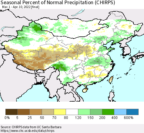 China, Mongolia and Taiwan Seasonal Percent of Normal Precipitation (CHIRPS) Thematic Map For 3/1/2022 - 4/10/2022