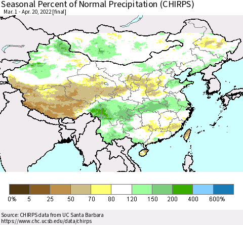 China, Mongolia and Taiwan Seasonal Percent of Normal Precipitation (CHIRPS) Thematic Map For 3/1/2022 - 4/20/2022