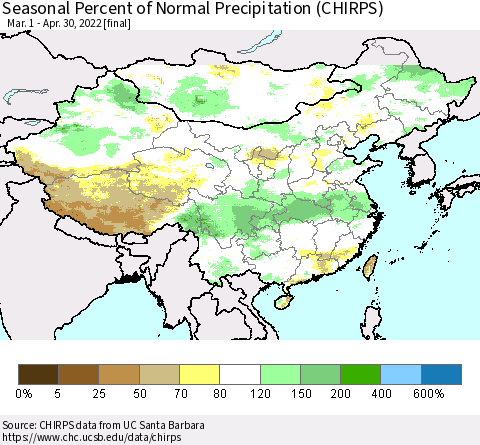 China, Mongolia and Taiwan Seasonal Percent of Normal Precipitation (CHIRPS) Thematic Map For 3/1/2022 - 4/30/2022