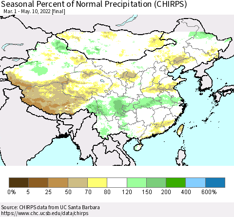 China, Mongolia and Taiwan Seasonal Percent of Normal Precipitation (CHIRPS) Thematic Map For 3/1/2022 - 5/10/2022
